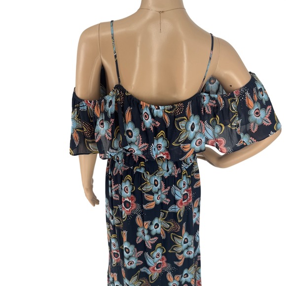Ann Taylor Loft Floral Cold Shoulder Maxi Dress Navy Blue Large Wrap Tie Waist - Picture 3 of 16